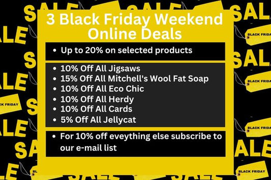 3 Black Friday weekend online deals including jellycat deals, herdy deals and mitchells woolfat soap deals