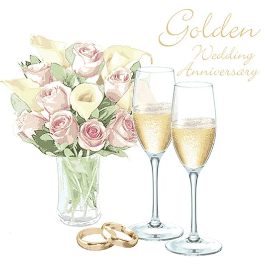 Golden Wedding Anniversary Flowers, Champagne and Rings Greetings Card