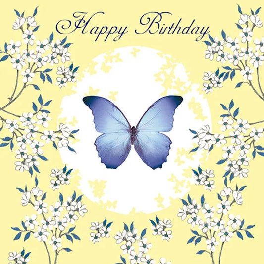 Birthday Greetings Card White Flowers & Butterfly