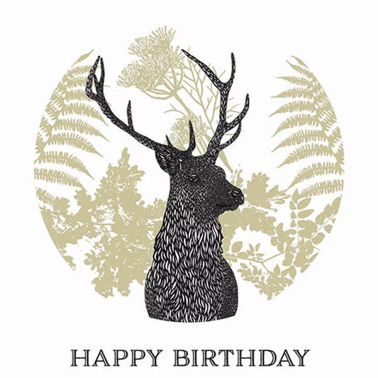"Happy Birthday" featuring a proud stag. Produced with a foil finish.