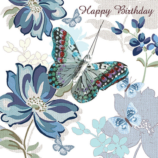 Birthday Greetings Card Blue Roses and Butterfly