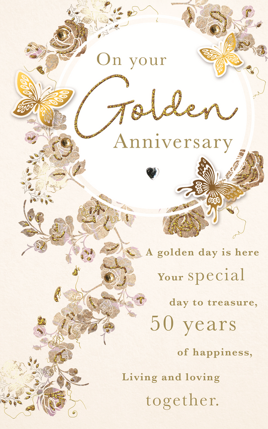 Golden Anniversary Flowers and Butterflies Greetings Card