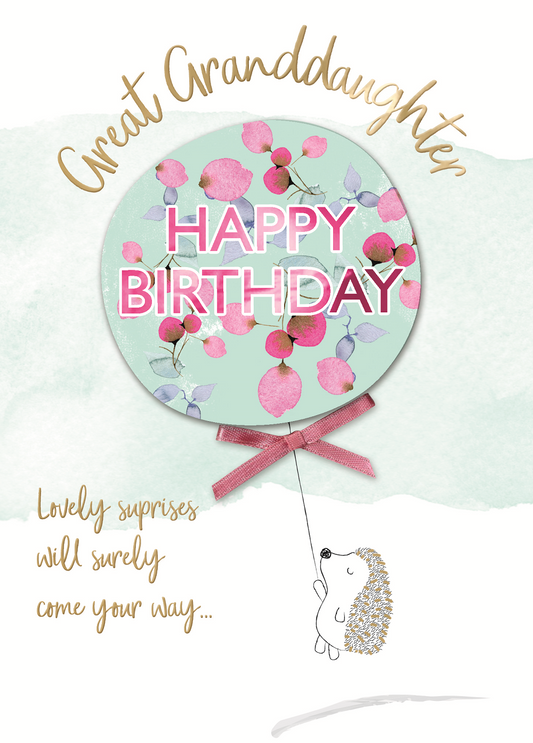 Great Granddaughter Hedgehog and Balloon Birthday Greetings Card