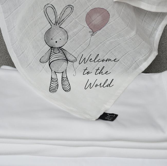 Welcome Balloon Bunny 100% Cotton Muslin Square (Blush)