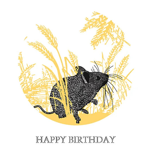 "Happy Birthday" featuring a delightful dormouse. Produced with a foil finish.