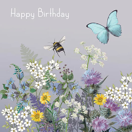 Birthday Card Thistles, Bee and Butterfly