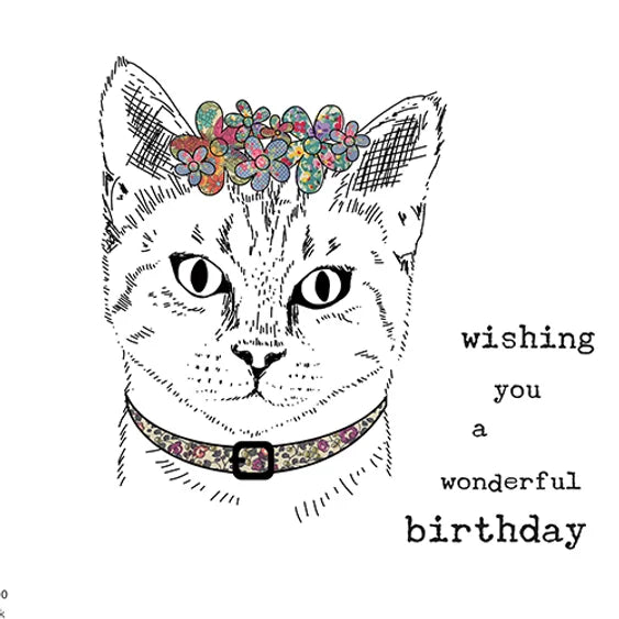"Wishing you a wonderful birthday" featuring a cat with flowers in its hair. Produced with a foil finish.