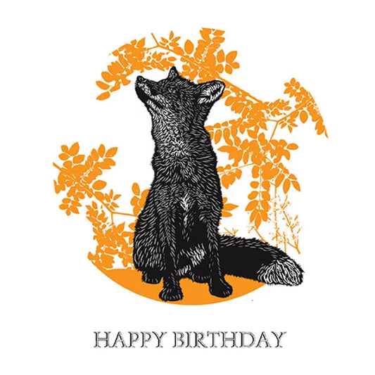 "Happy Birthday" featuring a curious fox. Produced with a foil finish.