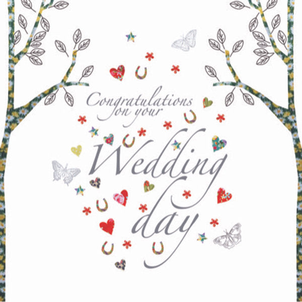 Wedding Day card - Embossed Trees and Hearts Greetings Card