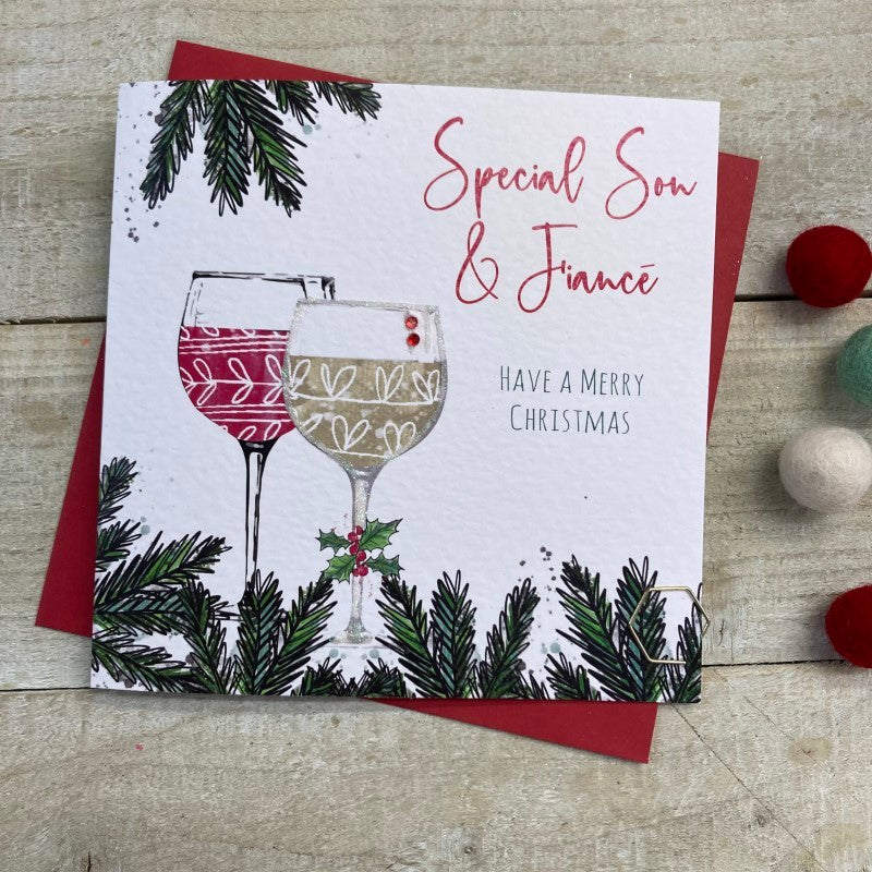 Son And Fiancé Wine Glasses Christmas Greetings Card