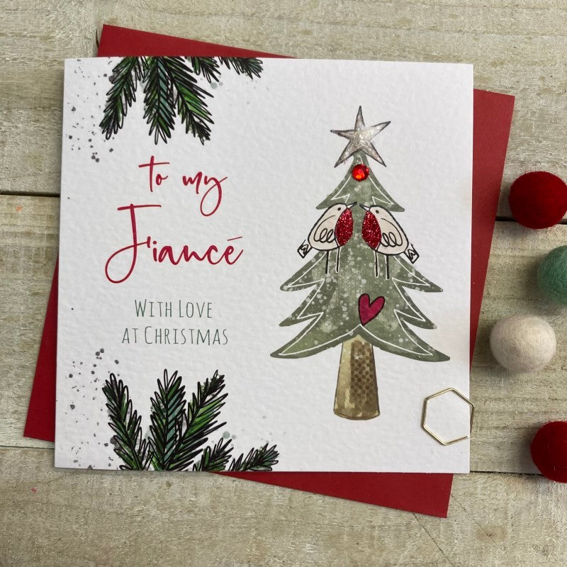 Fiancé Christmas Tree and Robins Christmas Greetings Card