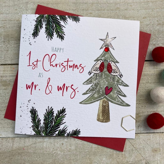 Newlywed 1st Christmas as Mr & Mrs Christmas Tree and Robin Christmas Greetings Card