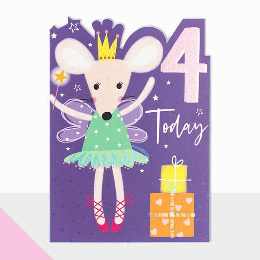 "Happy 4th Birthday" Age card from Laura Darrington Design featuring an angelic mouse.  Produced a die cut top edge.