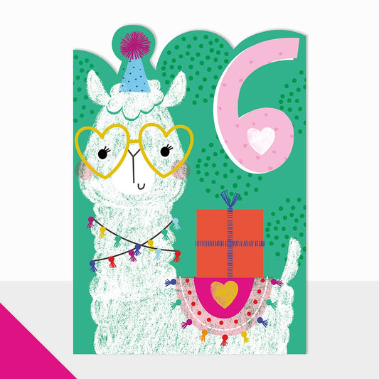 "Happy 6th Birthday" Age card from Laura Darrington Design featuring a jolly llama.  Produced a die cut top edge.