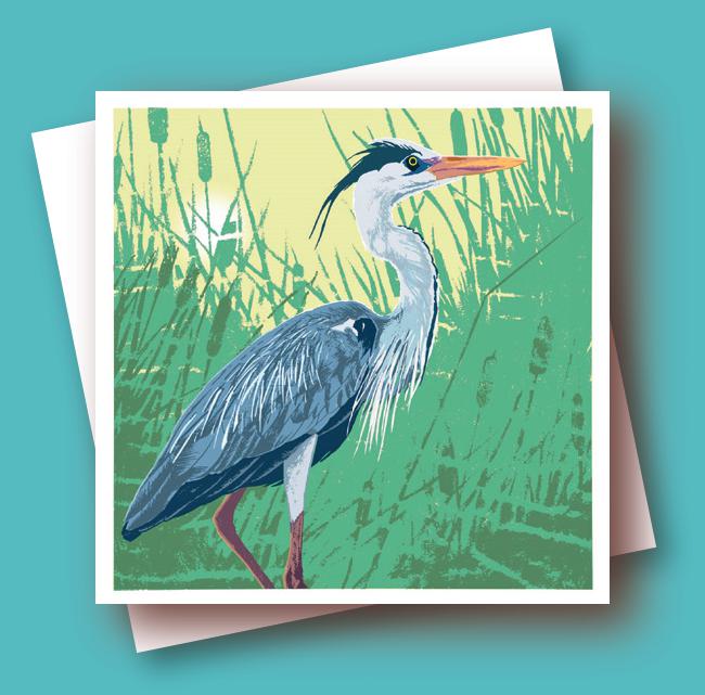 Grey Heron & Bullrushes Umbellifer Greetings Card