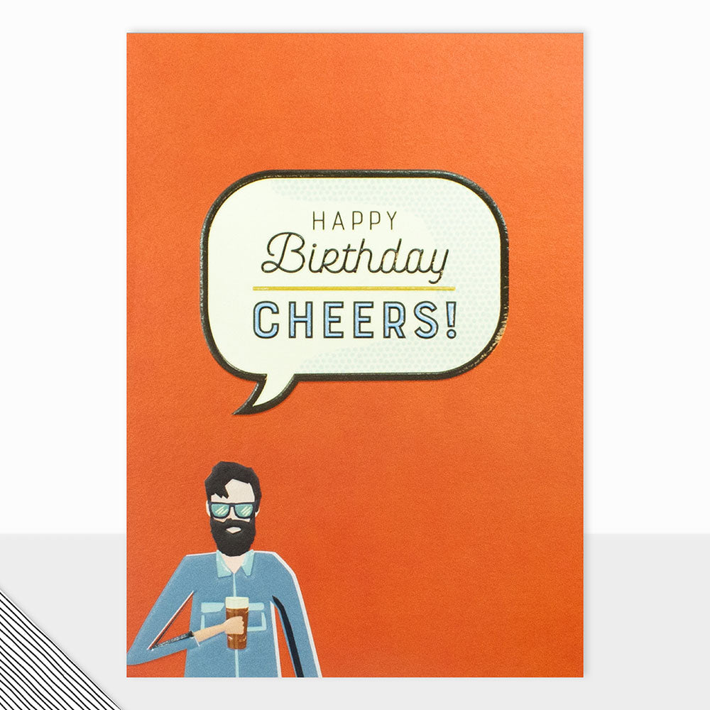 "Happy Birthday" featuring a man in sunglasses holding a beer on a red background saying “Happy Birthday Cheers!”.