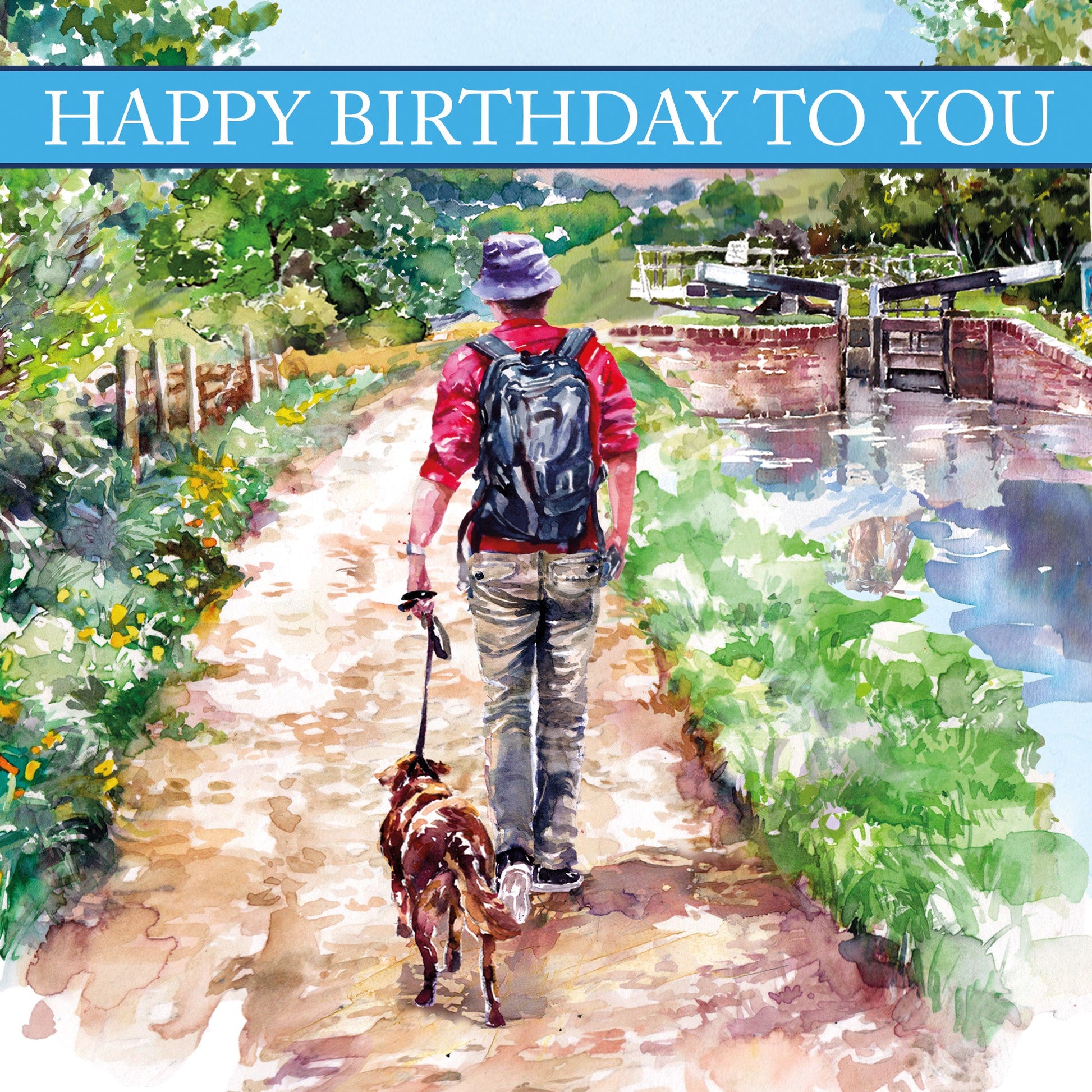 Dog Walking Canal Birthday Greetings Card
