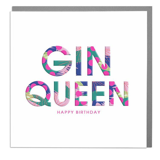 "Gin Queen" embossed with colourful writing.
