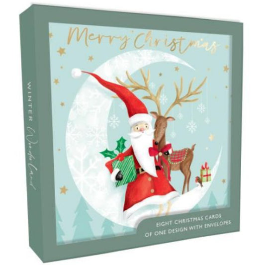 Santa And Reindeer On The Moon Christmas 8 Card Pack