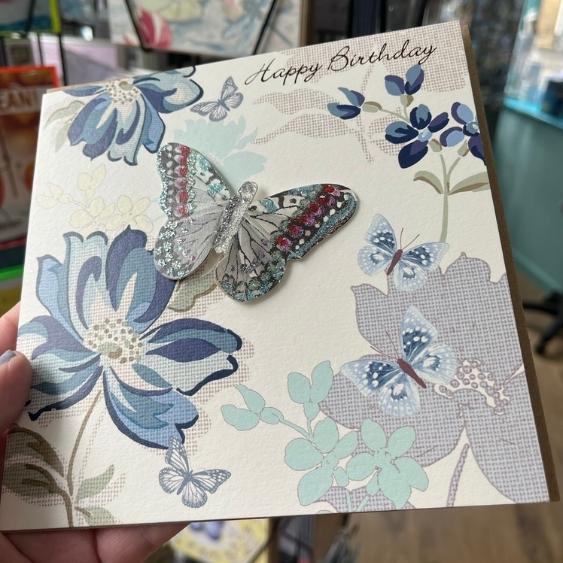 Birthday Greetings Card Blue Roses and Butterfly (instore)