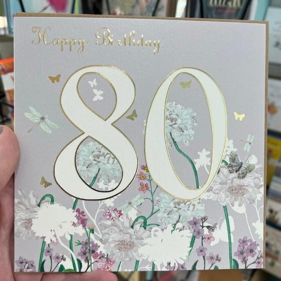 80th Birthday Greetings Card - Flowers and Butterflies