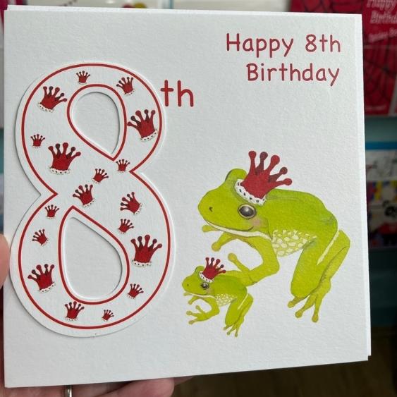 Happy 8th Birthday Greetings Card - Frogs And Crowns