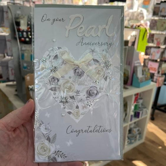 Pearl Wedding Anniversary Heart With Flowers Greetings Card
