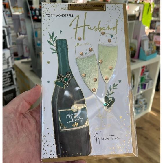 Husband Wedding Anniversary Champagne Greetings Card