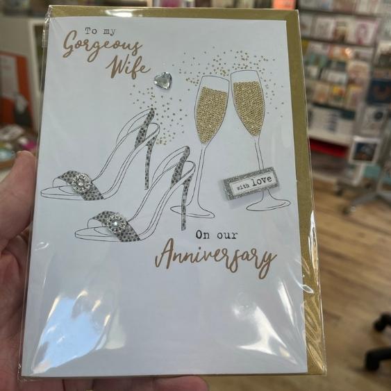 Wife Anniversary Shoes and Champagne Greetings Card
