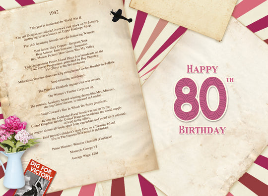 80th Female Year You Were Born 1942 Greetings Card (inside)