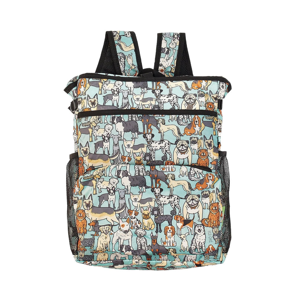Lightweight Foldable Recycled Large Cool Backpack - Teal Dogs (unpacked)