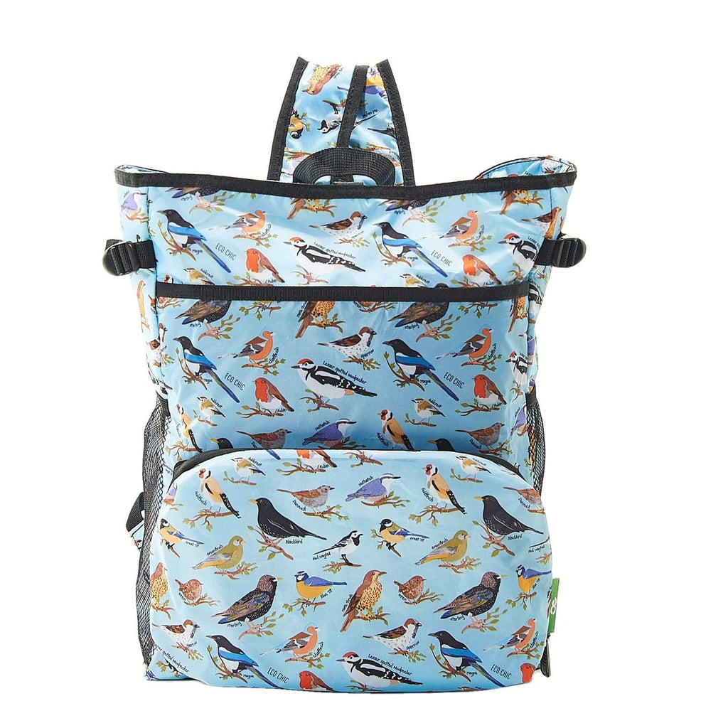 Lightweight Foldable Recycled Large Cool Backpack - Blue Wild Birds (unpacked)