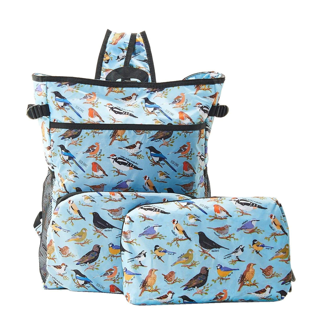 Lightweight Foldable Recycled Large Cool Backpack - Blue Wild Birds (packed and unpacked)