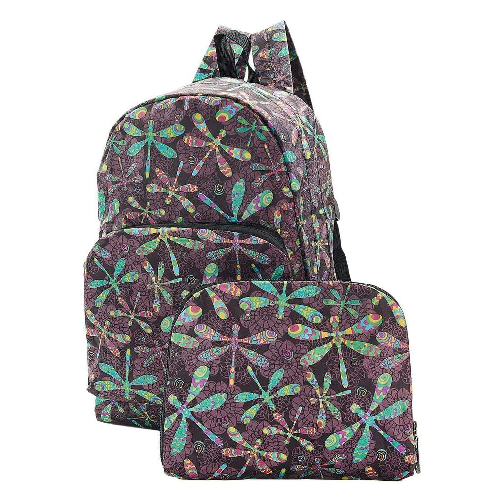 Eco Chic Lightweight Foldable Recycled Backpack - Black Dragonfly