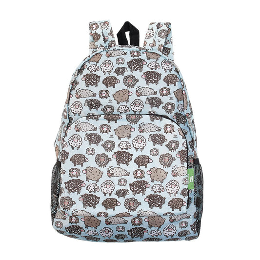 Eco Chic Lightweight Foldable Recycled Backpack - Blue Cute Sheep
