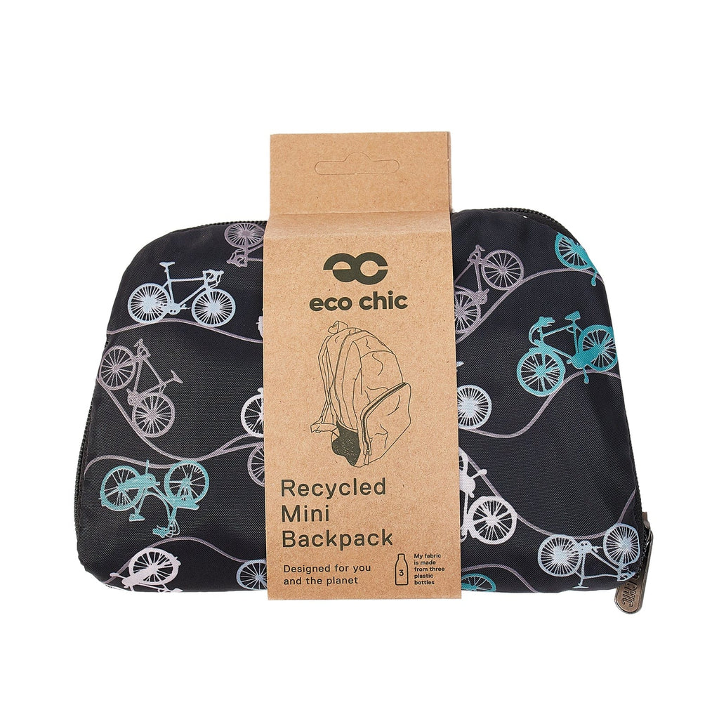 Eco Chic Lightweight Foldable Recycled Mini Backpack - Black Bike (Folded)