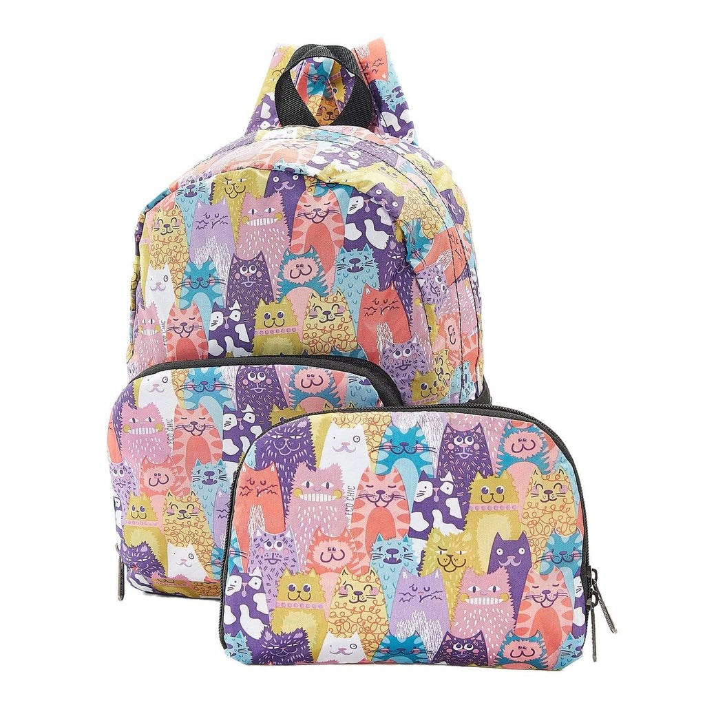 Eco Chic Lightweight Foldable Recycled Mini Backpack - Stacking Cats