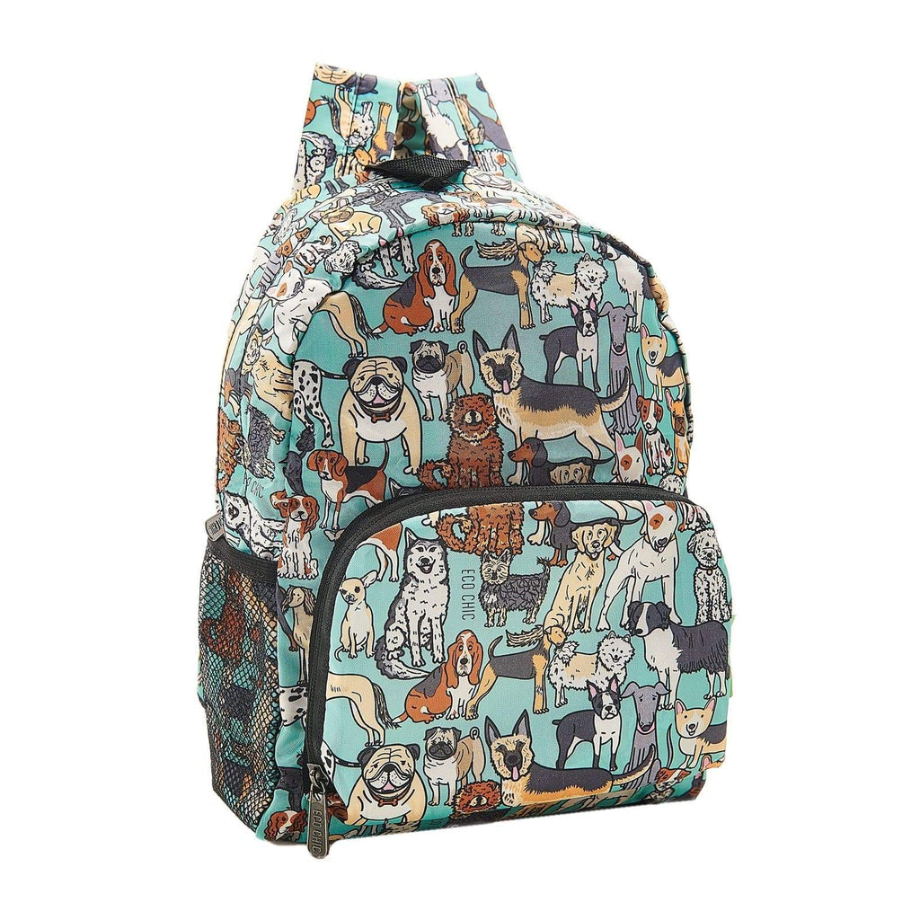 Eco Chic Lightweight Foldable Recycled Mini Backpack - Teal Dogs