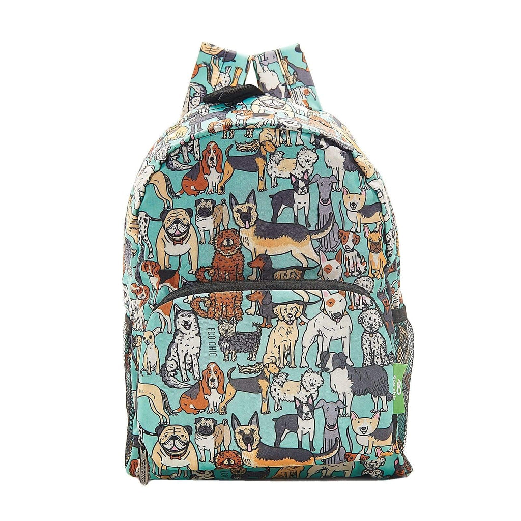 Eco Chic Lightweight Foldable Recycled Mini Backpack - Teal Dogs