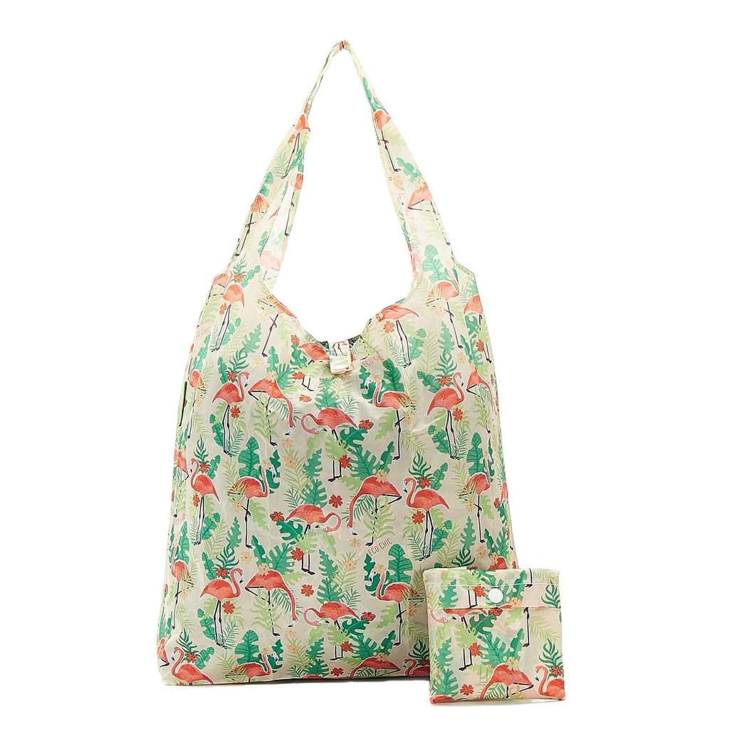 Eco Chic Lightweight Foldable Reusable Shopping Bag - Beige Flamingo
