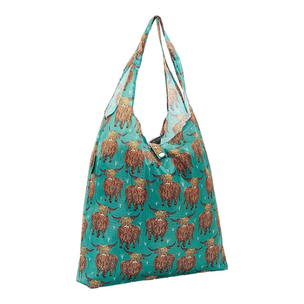 Eco Chic Lightweight Foldable Reusable Shopping Bag - Teal Highland Cow