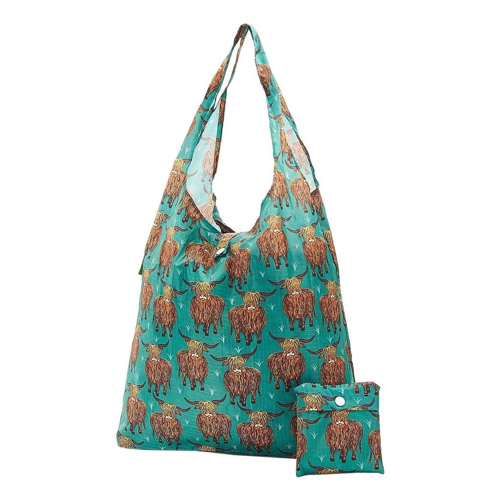 Eco Chic Lightweight Foldable Reusable Shopping Bag - Teal Highland Cow