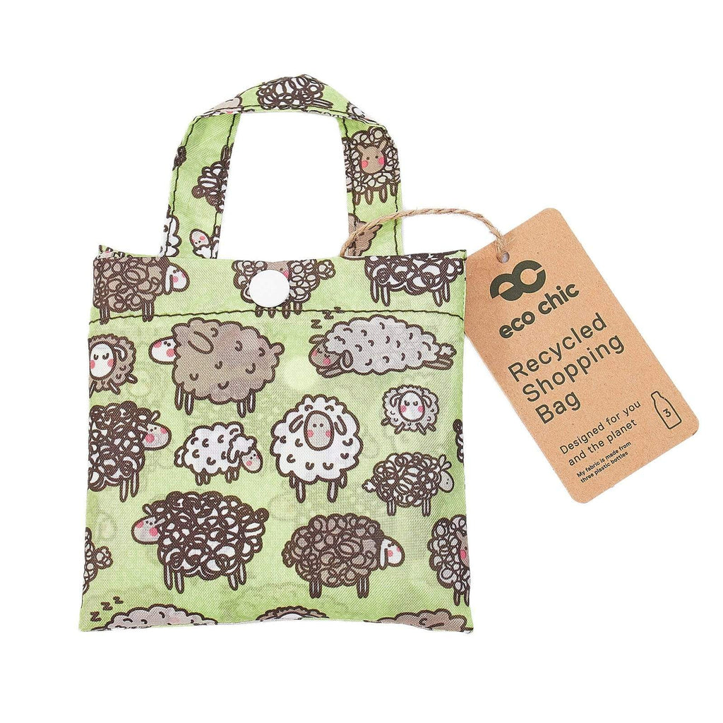 Eco Chic Lightweight Foldable Reusable Shopping Bag - Green Cute Sheep