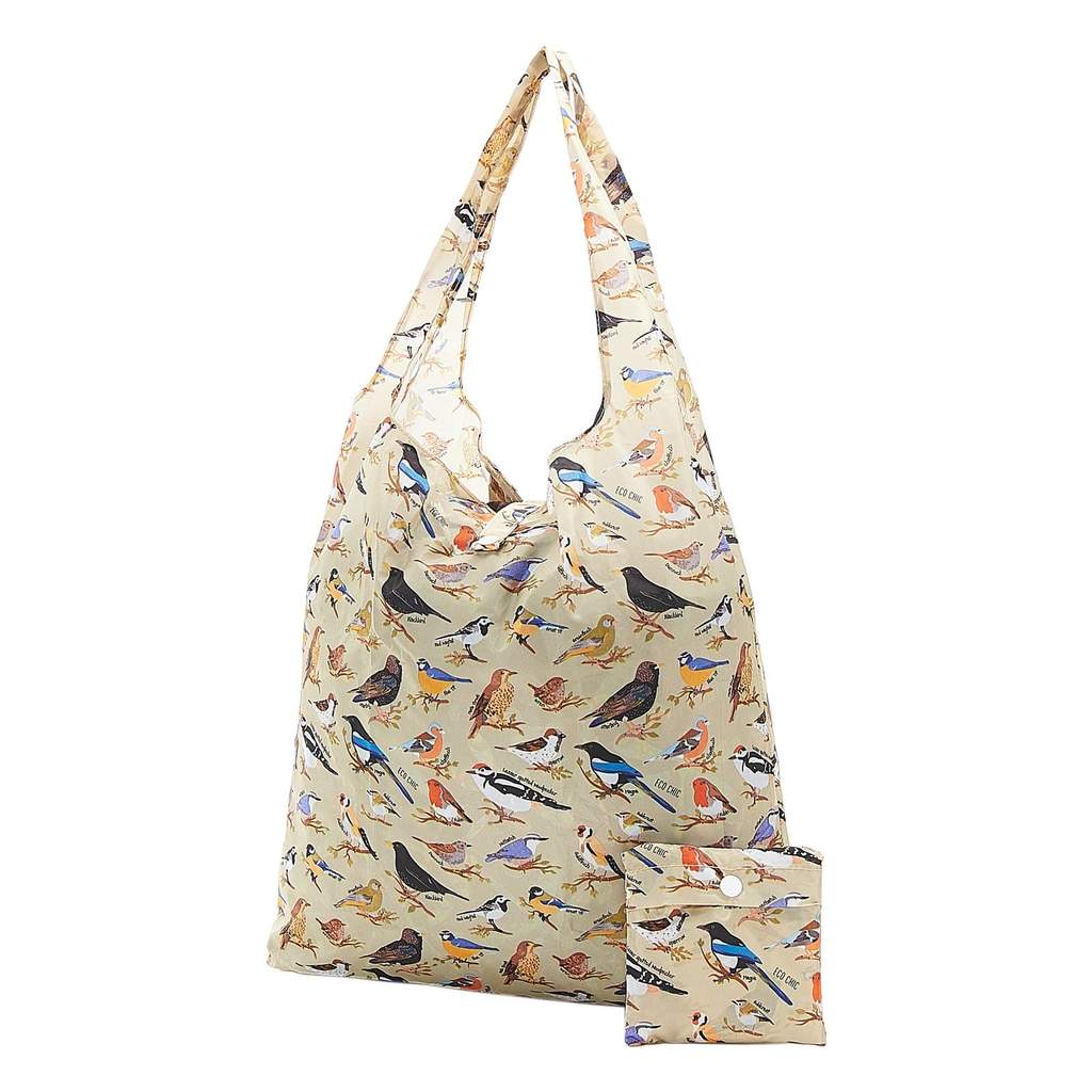 Eco Chic Lightweight Foldable Reusable Shopping Bag - Green Wild Birds