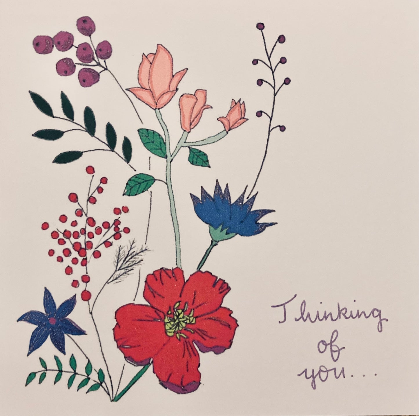 Thinking of You Greetings Card with Pink, Purple and Red Flowers