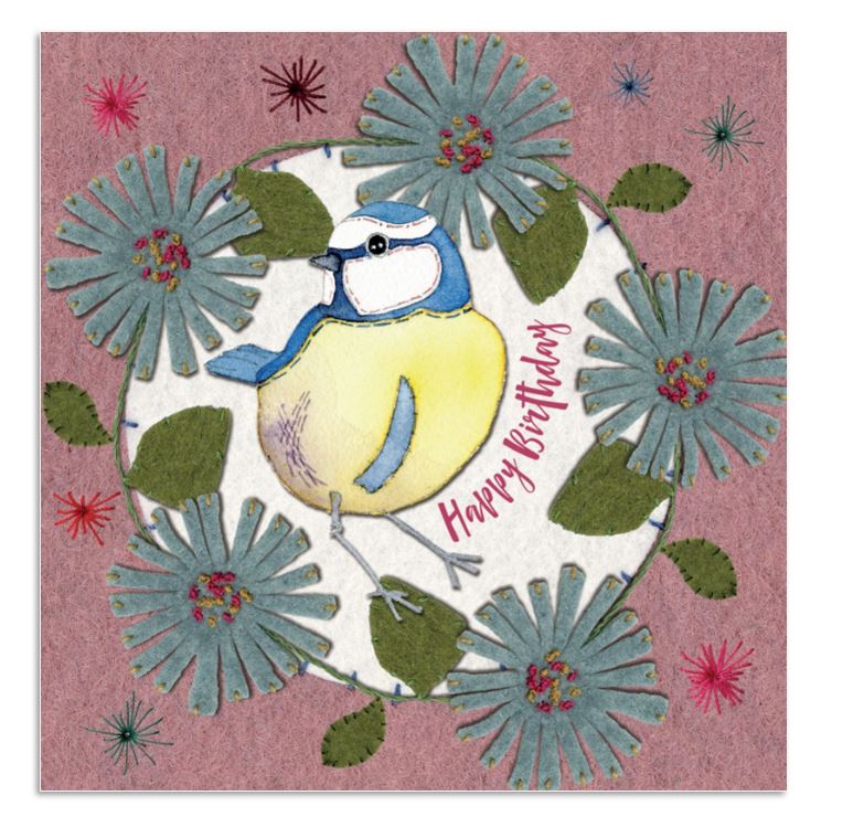 Stitched Birdie Blue Tit Happy Birthday Greetings Card