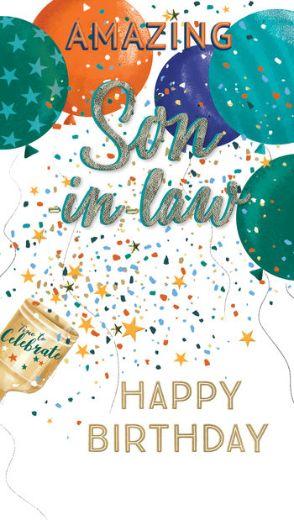 Son In-Law Birthday With Ballons and Confetti Greetings Card